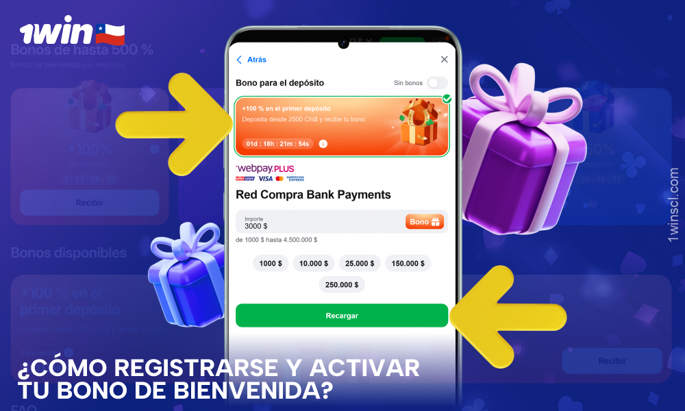 Para activar el bono de bienvenida, los jugadores de 1win en Chile deben registrarse, realizar su primer depósito y el bono se acreditará automáticamente